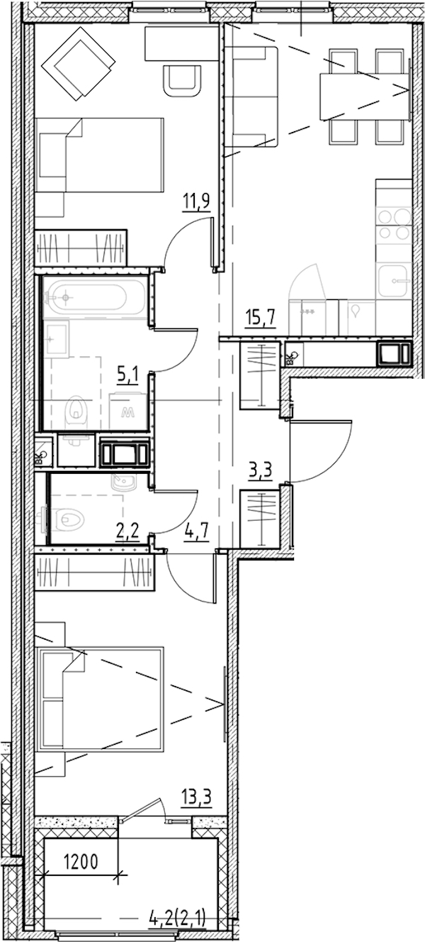 2-комнатная квартира 58.3 м², 2/11 эт., ЖК «Янила Форест»
